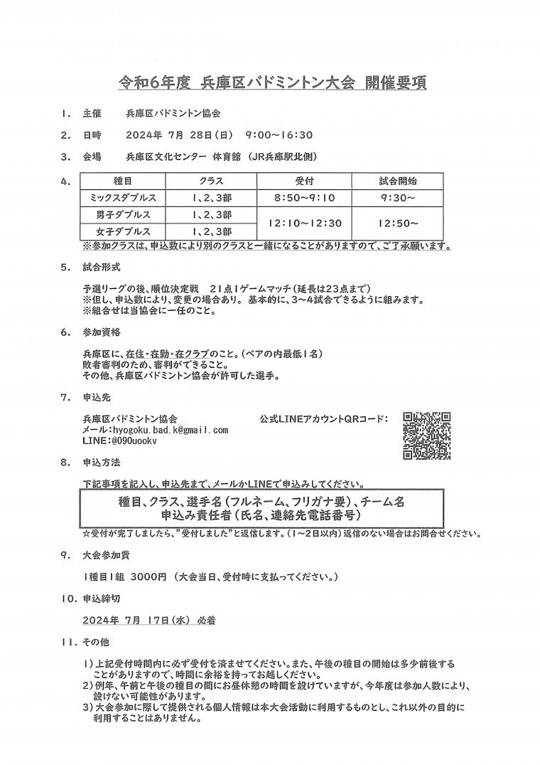 兵庫区バドミントン大会開催要項