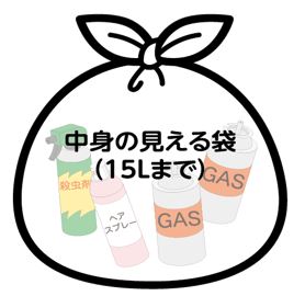 カセットボンベ・スプレー缶の袋のイラスト。中身の見える袋で15リットルまでのもの